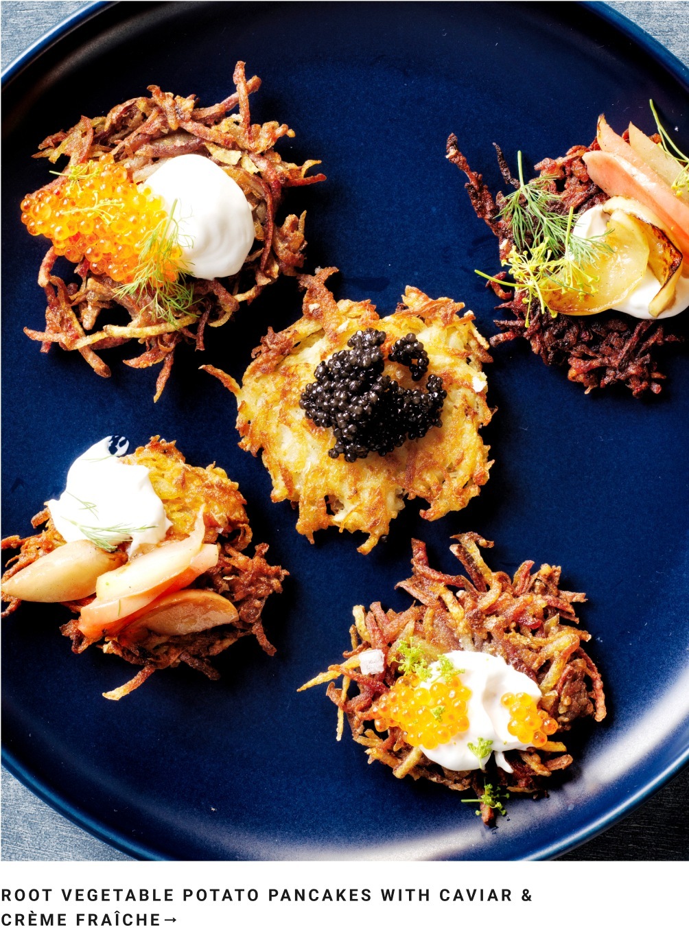 Root Vegetable Potato Pancakes with Caviar & Cr&egrave;me Fra&icirc;che
