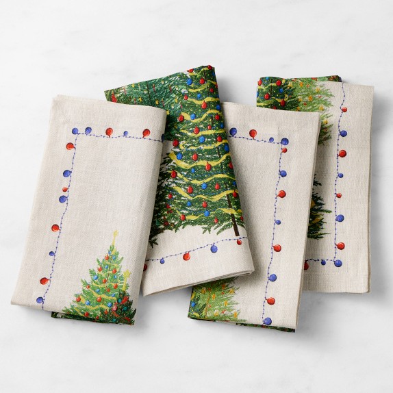 Woodland Christmas Tree Embroidered Cloth Napkins - Set of 4