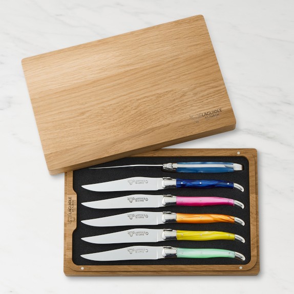 Laguiole Jean Dubost 6-Piece Steak Knife Block Set in Ivory White Handles &  Brass Fittings