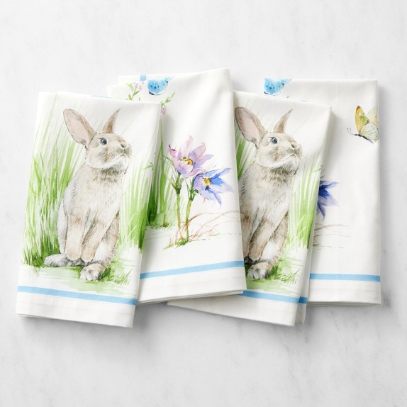 Set 3 WILLIAMS SONOMA Floral Meadow Spring Bunny Rabbit KITCHEN TOWELS