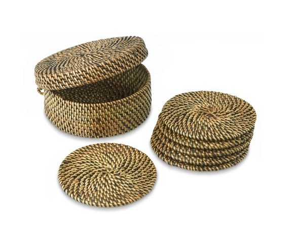 Antique Brass Hammered Drink Coasters with Holder- Set of 4
