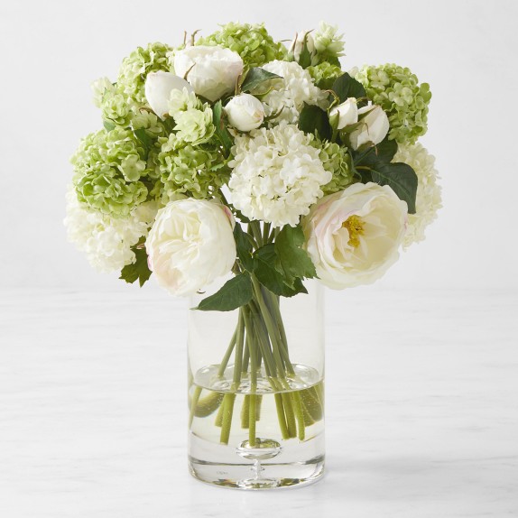 Faux White Hydrangea in Glass Vase