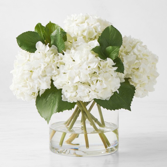Faux White Hydrangea in Glass Vase