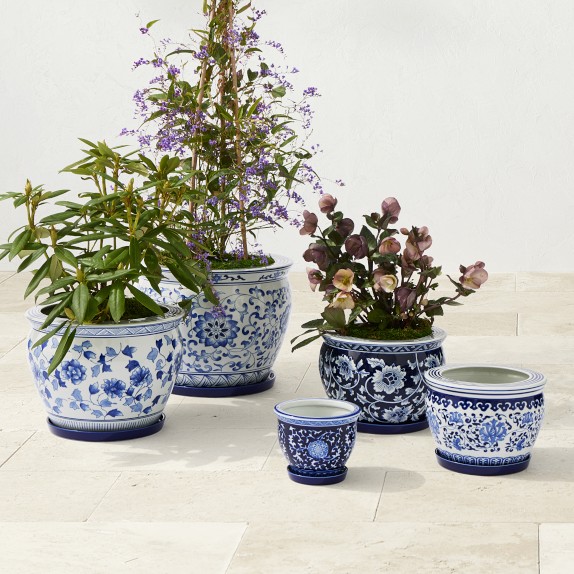 Blue & White Ceramic Planter with Tray Collection