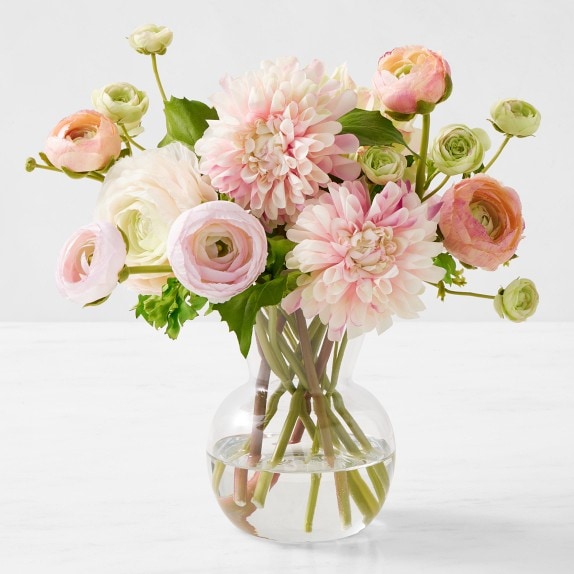 Faux Peach Spring Floral Arrangement, Rectangular Vase