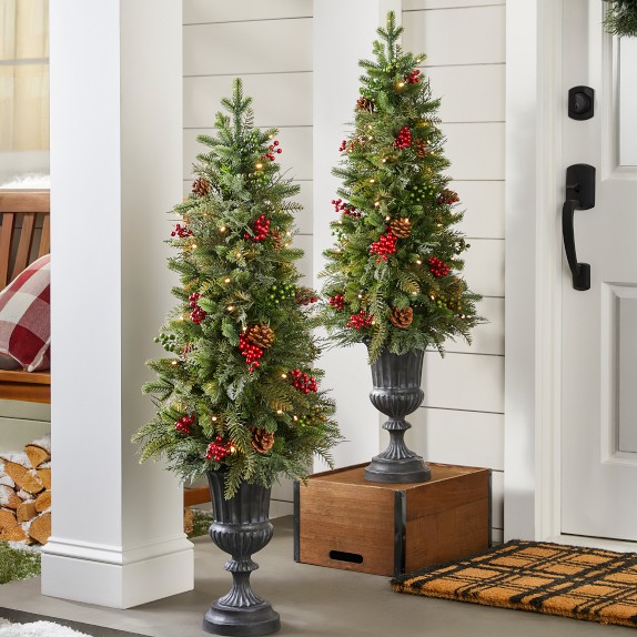 Outdoor Winter Evergreen Pre-Lit Tree in Black Pot, Set of 2