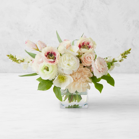 Faux Peach Spring Floral Arrangement, Rectangular Vase